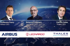 Airbusin, Leonardon ja Thalesin logot ja johtajien kuvat