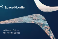 Space Nordic logo, picture of Finnish forest landscape and a test "A shared future for Nordic Space"