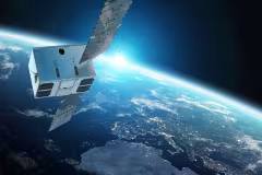 Illustration of the Obria Nano satellite over Earth (GomSpace)
