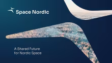 Space Nordic logo, picture of Finnish forest landscape and a test "A shared future for Nordic Space"