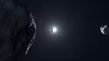 Artist's impression of ESA's Hera gliding past the asteroid Didymos towards its moonlet Dimorphos.