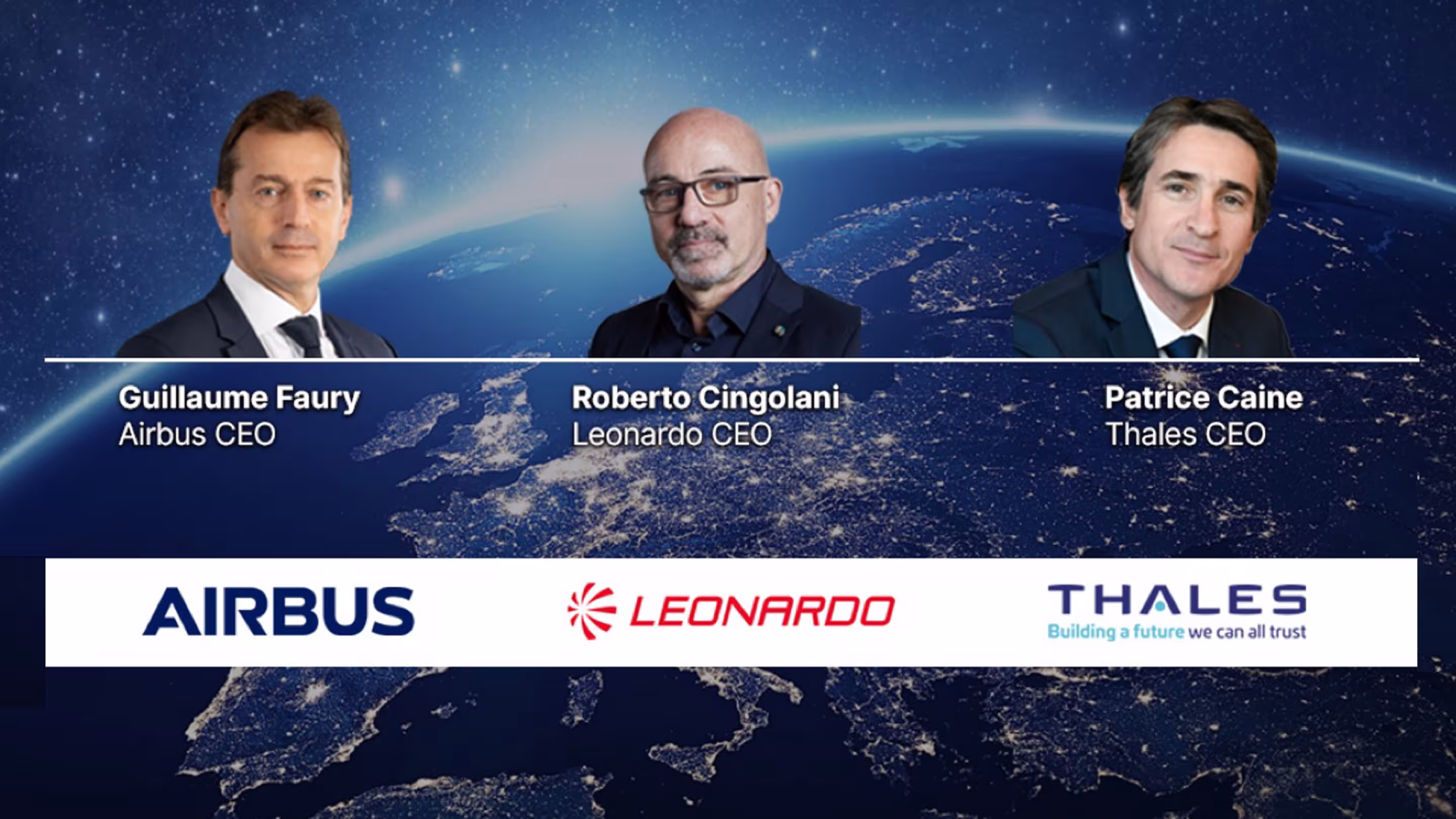 Airbusin, Leonardon ja Thalesin logot ja johtajien kuvat