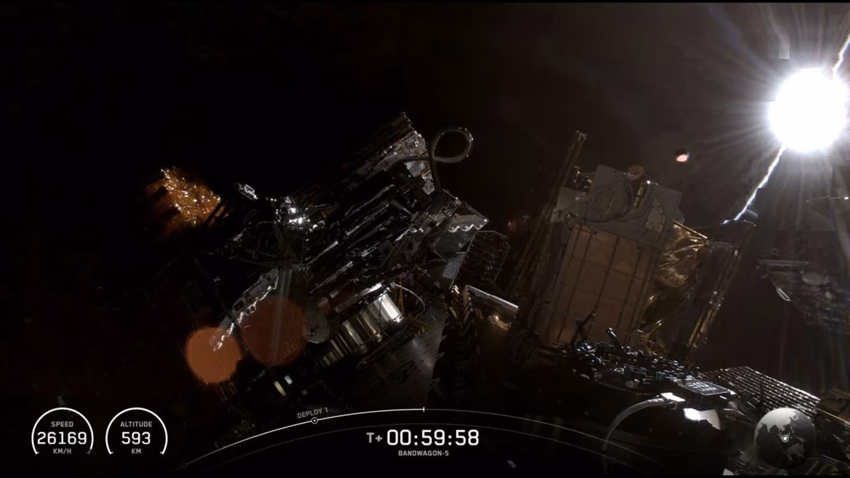 Satellites deploying from the Falcon 9 upper stage on SpaceX's Bandwagon-5 rideshare, 20 October 2026.
