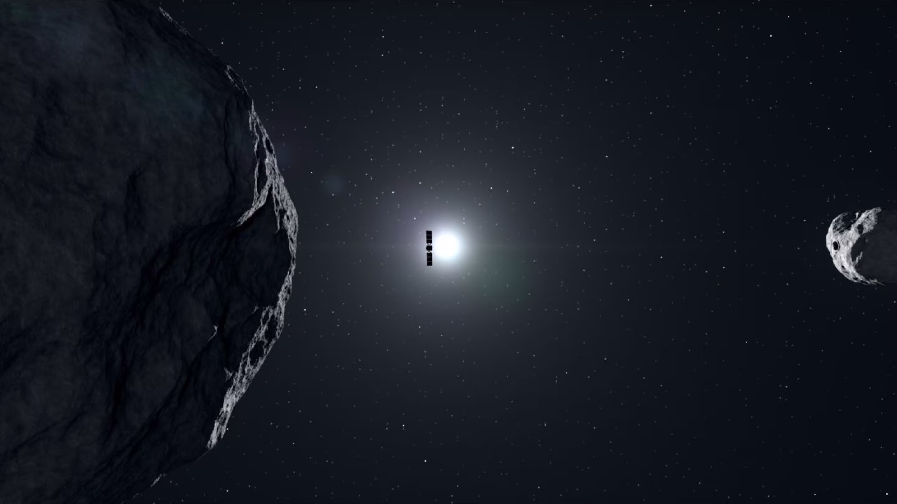 Artist's impression of ESA's Hera gliding past the asteroid Didymos towards its moonlet Dimorphos.