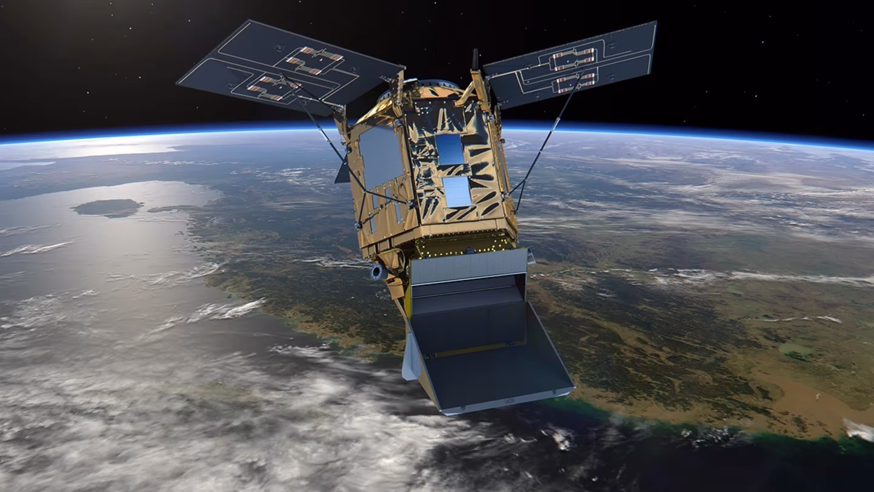 Kuvassa Sentinel-5P-satelliitti sekä sen kyydissä oleva TROPOMI-mittausinstrumentti. Kuva: ESA/ATG medialab.