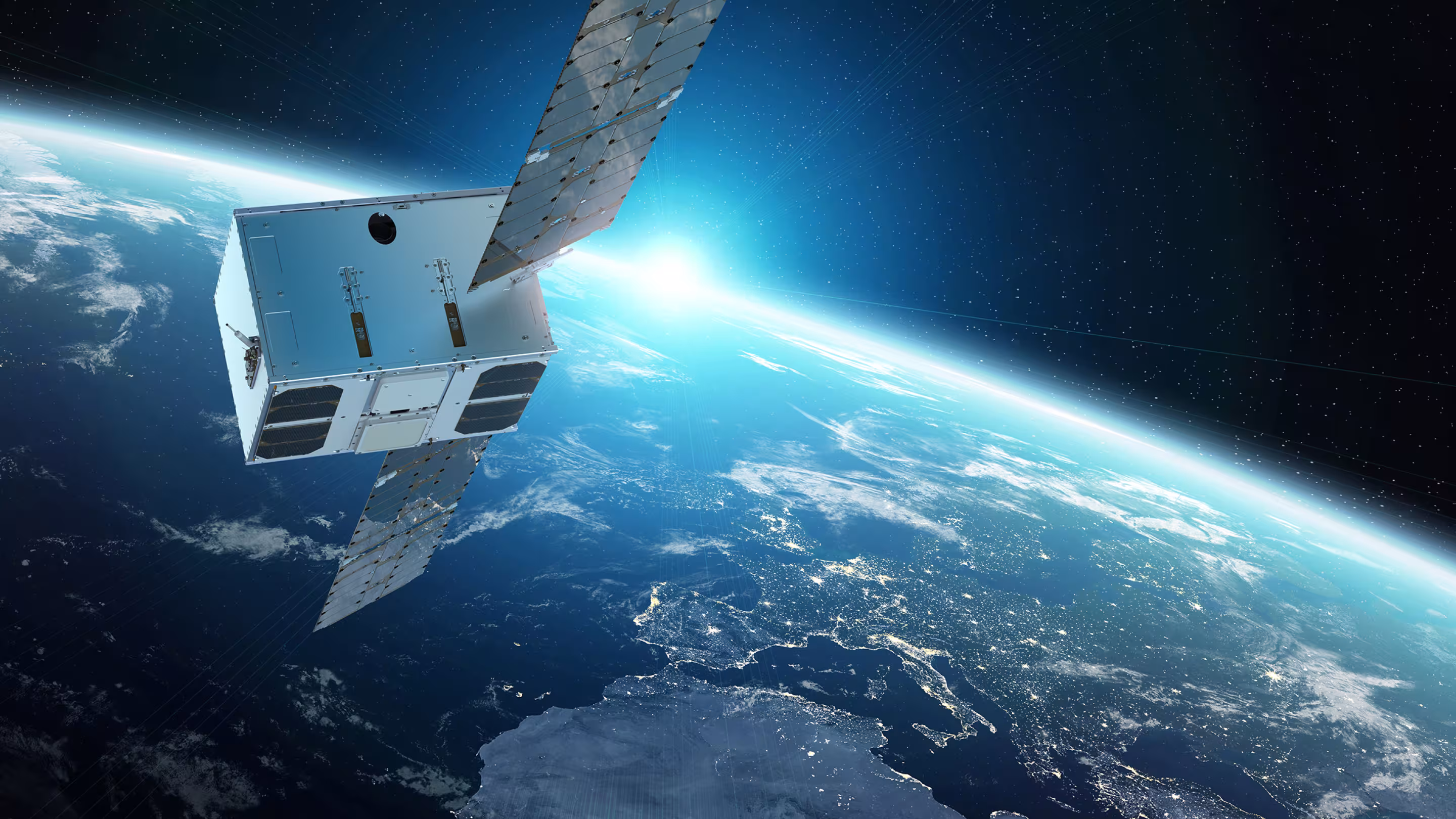 Illustration of the Obria Nano satellite over Earth (GomSpace)
