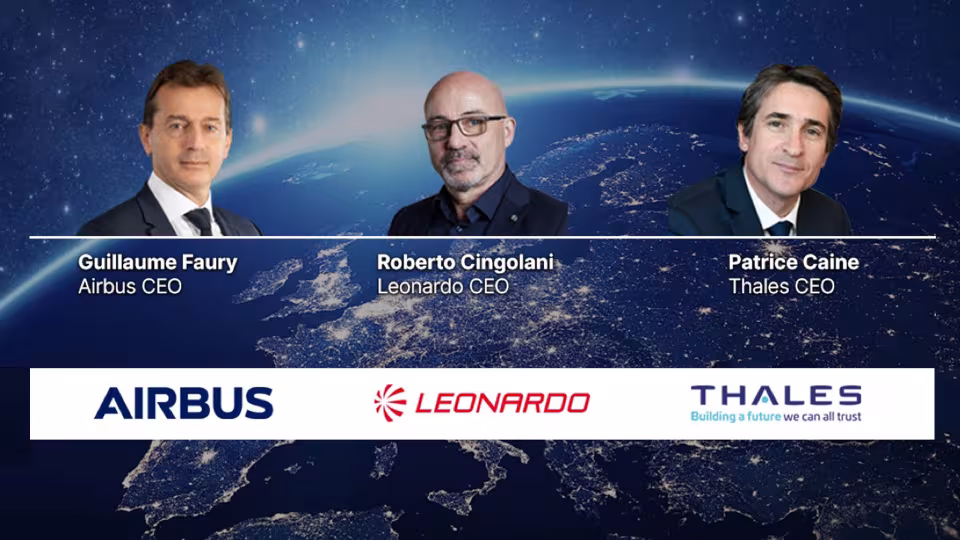 Airbusin, Leonardon ja Thalesin logot ja johtajien kuvat