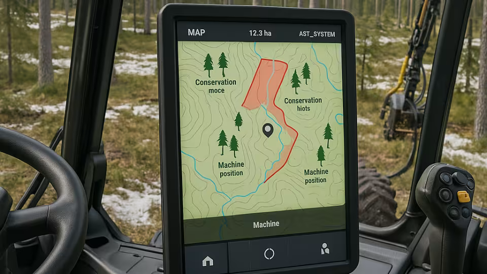 Näyttöruutu metsäkoneen ohjaamossa. Kuva: Valtteri Kinnunen