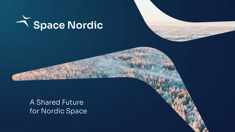 Space Nordic logo, picture of Finnish forest landscape and a test "A shared future for Nordic Space"